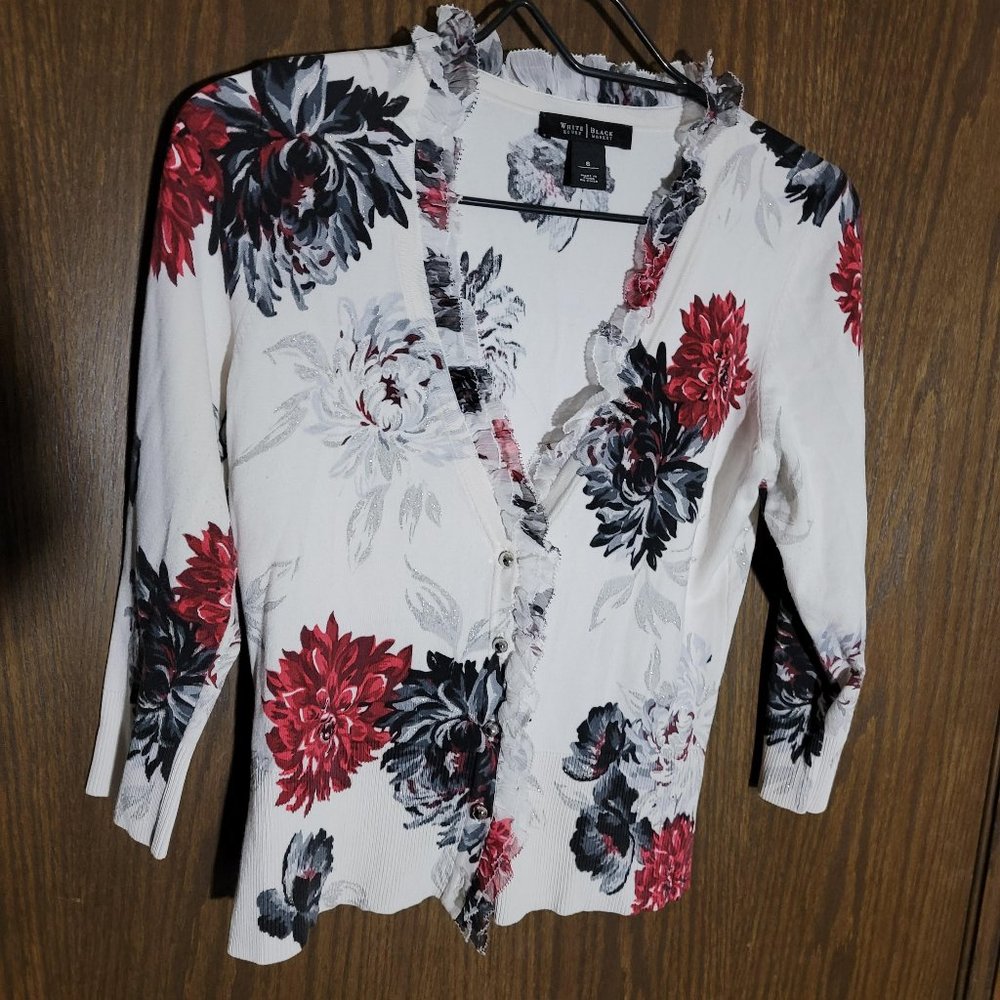 White House Black Market Red and Black Floral Silver Button Sweater Size Small